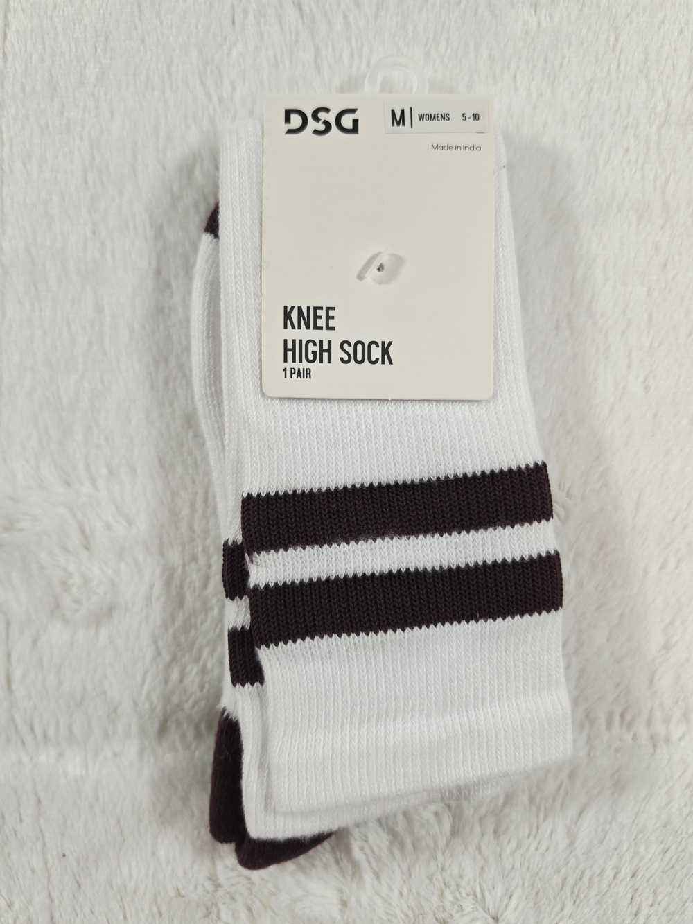 DSG White Knee-High Socks with Burgundy Double Stripes(SOC-55)